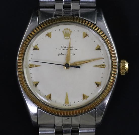 A gentlemans 1950s? stainless steel and gold Rolex Oyster Perpetual Air King wrist watch,